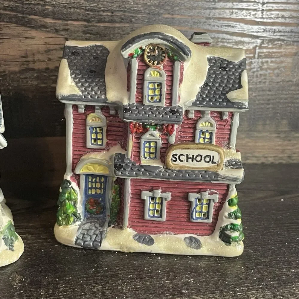 Vintage Porcelain Christmas Village Lot: School, Church & Priest Figurine